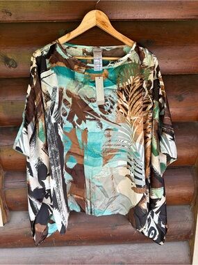Chico's Teal, Brown & Cream Botanical Top